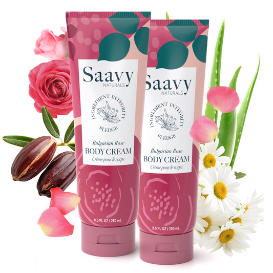 Saavy Naturals body cream bottle with rose scent for daily moisture