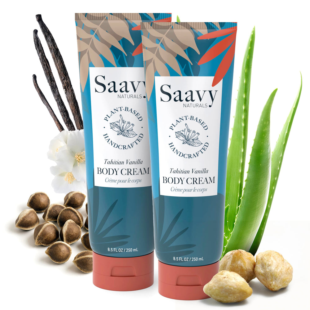 Saavy Naturals Deeply Hydrating Body Cream Tahitian Vanilla bottle delivering lasting moisture