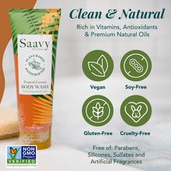 Coconut oil infusion nourishes skin in Saavy Naturals body wash