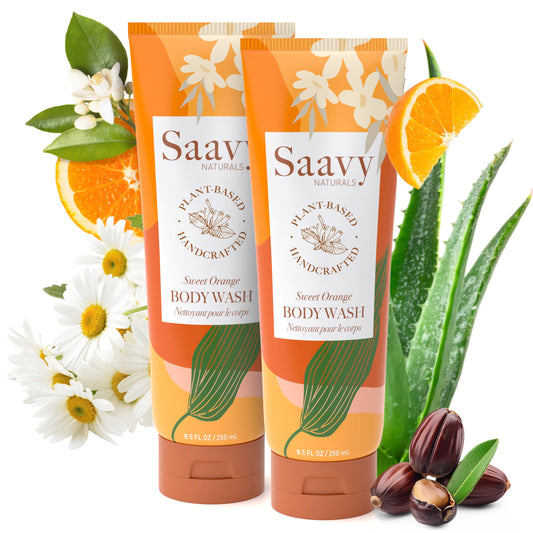 Saavy Naturals Moisturizing Body Wash bottle with Sweet Orange scent for gentle hydration.