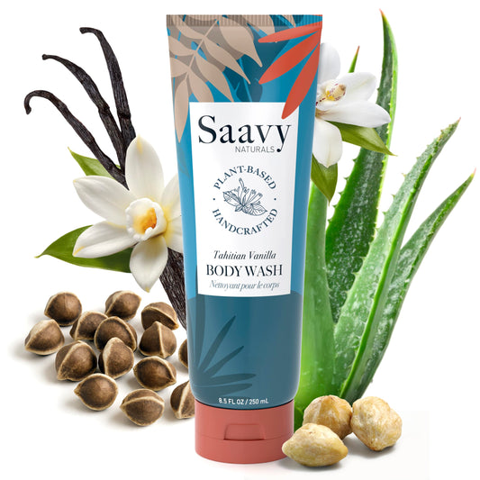 Saavy Naturals Moisturizing Body Wash bottle with Tahitian vanilla scent, helps soften skin