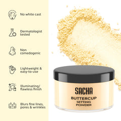 Sacha Buttercup powder on face delivering a matte, blurring finish.