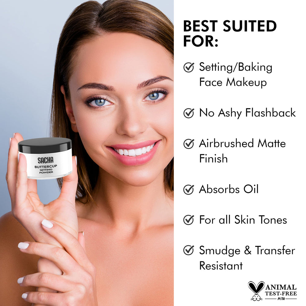 Sacha Buttercup No Color powder on skin delivers oil control and a matte finish.
