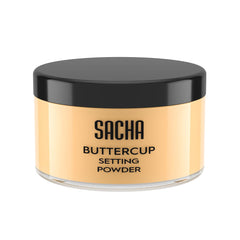 Sacha Cosmetics Buttercup Setting Powder bottle closeup with silky translucent finish.