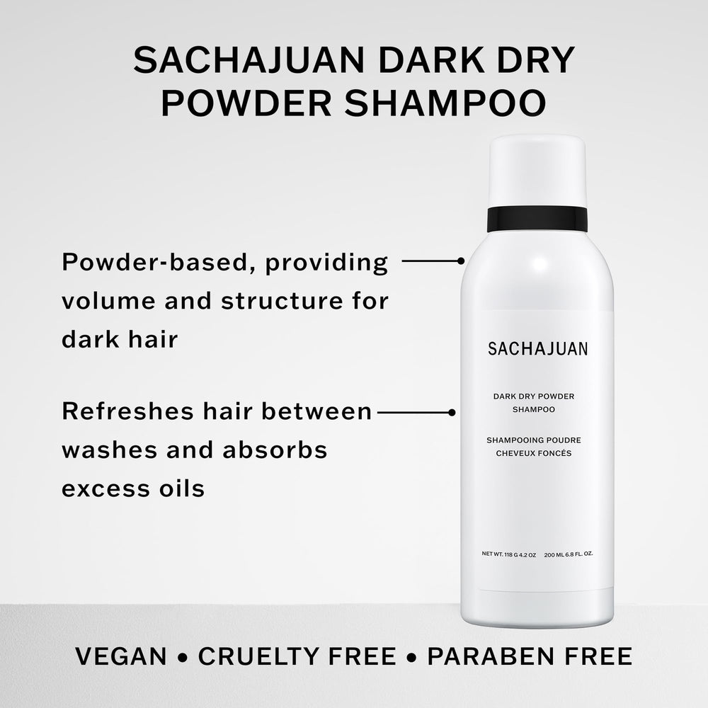 SACHAJUAN dark dry powder shampoo absorbs oil to refresh look between washes