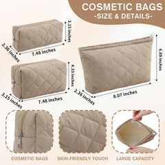 Sadnyy Quilted cosmetic pouch shows three sizes to separate items efficiently