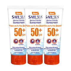 SAFE SEA bottle front view with SPF 50+ protection for sunny days