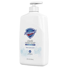 Back-label view of Safeguard hand soap showing size and features.