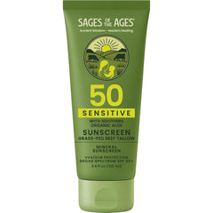 Sages Of The Ages SPF50 sunscreen bottle front, reef-safe sun protection.