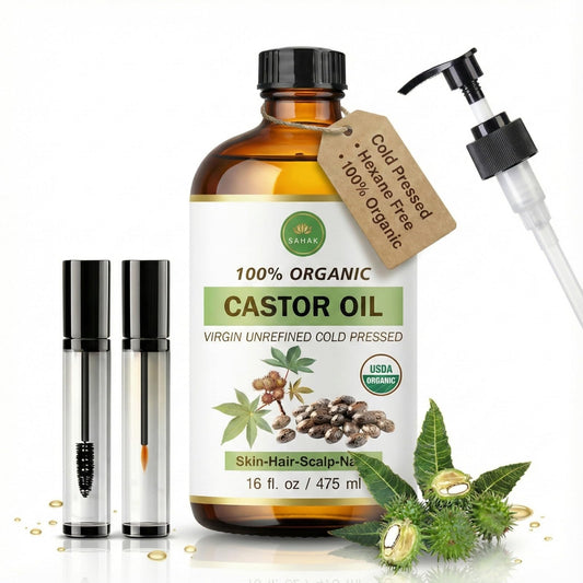 SAHAK castor oil bottle with pump for mess-free application and lasting moisture.