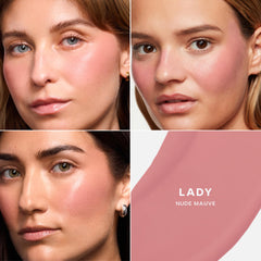 Saie Dew Liquid Blush color swatches on skin show buildable glow.