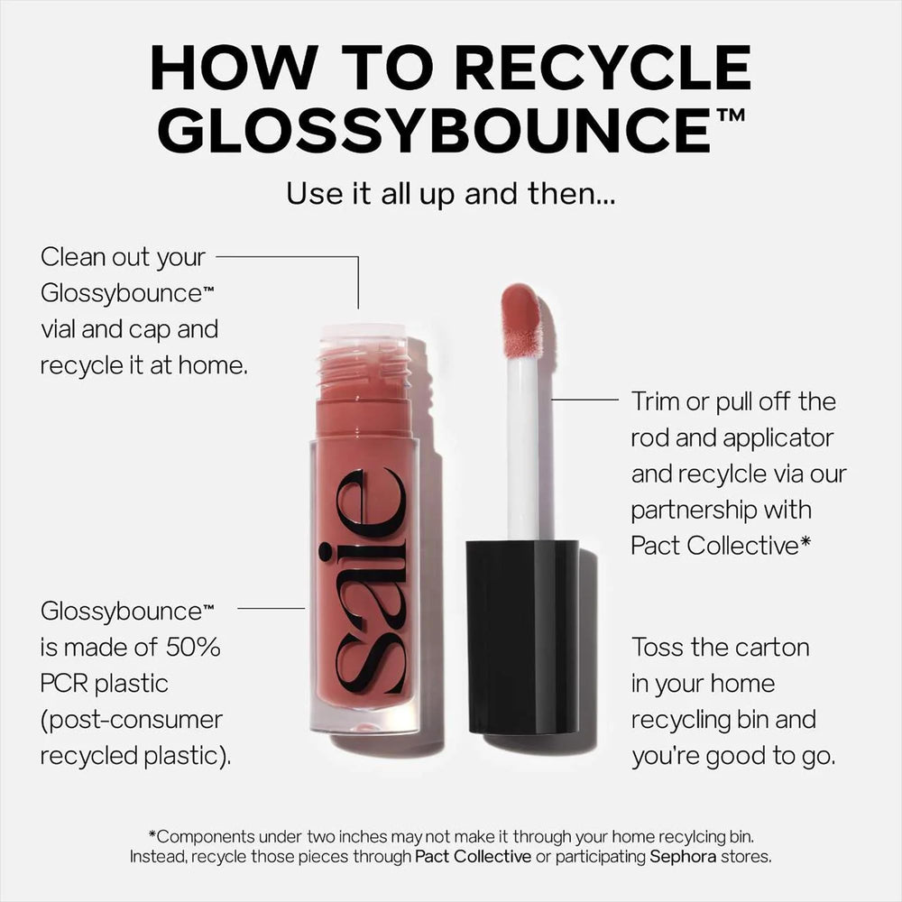 Saie Glossybounce Bubble on lips shows non-sticky, high-shine finish.