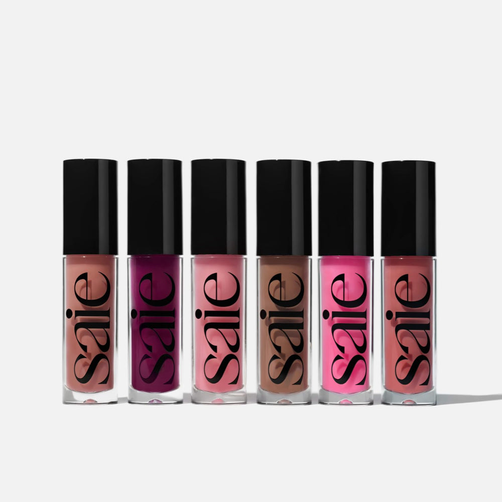 Saie GlossyBounce vegan formula with cruelty-free badge signals ethical lip care.