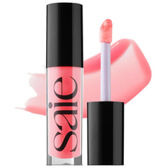 Saie Glossybounce packaging close-up, sleek tube ideal for on-the-go touch-ups.