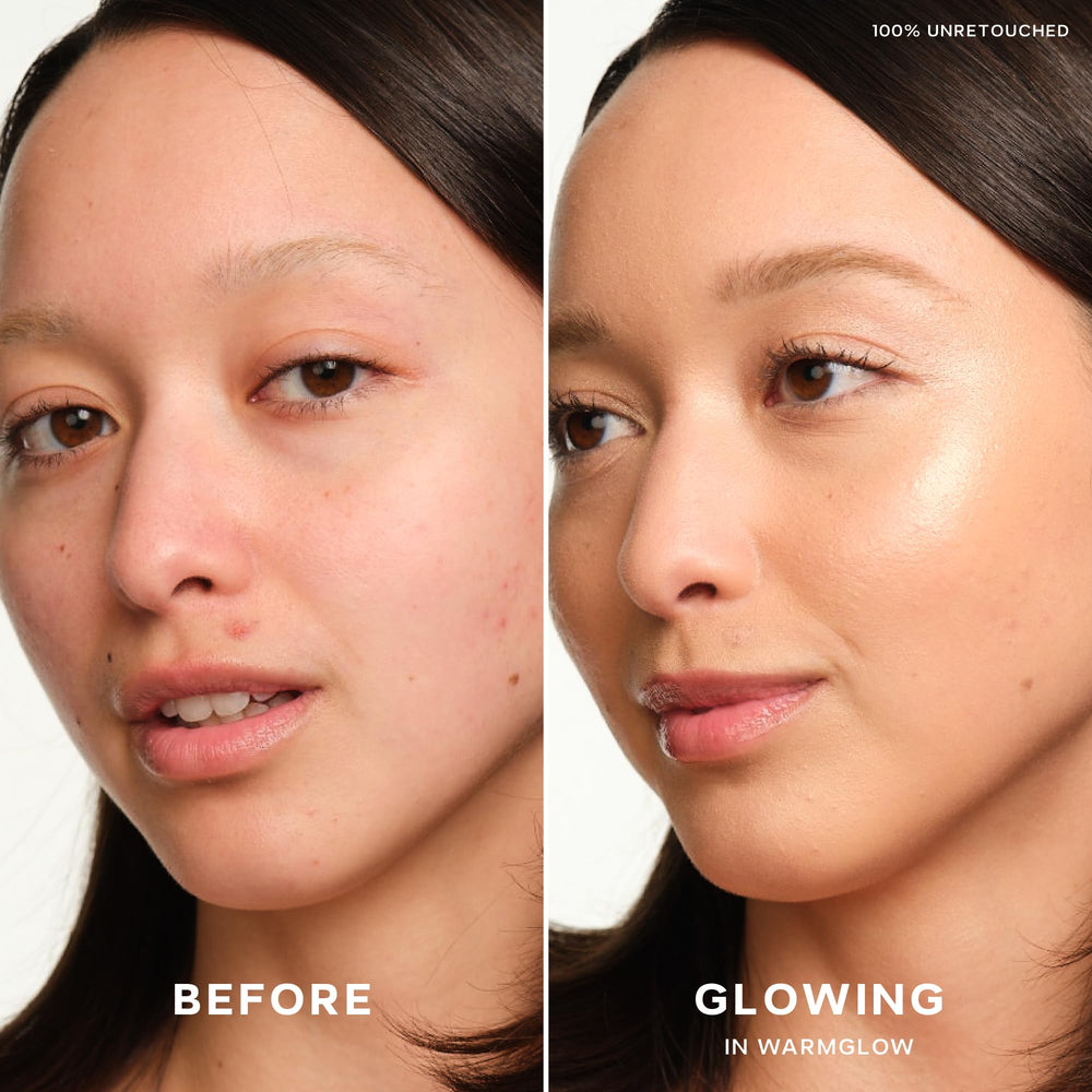 Mix Saie Glowy Super Gel with foundation for radiant, easy no-makeup moments