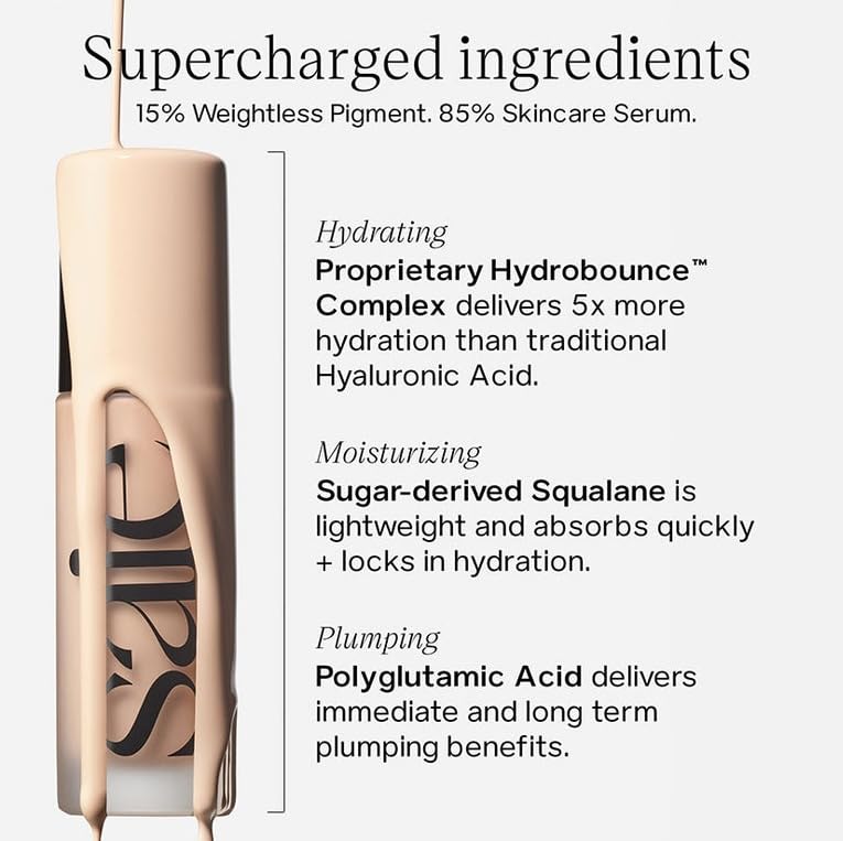 Saie Glowy Super Skin Tint brush application shows lightweight formula blending evenly.