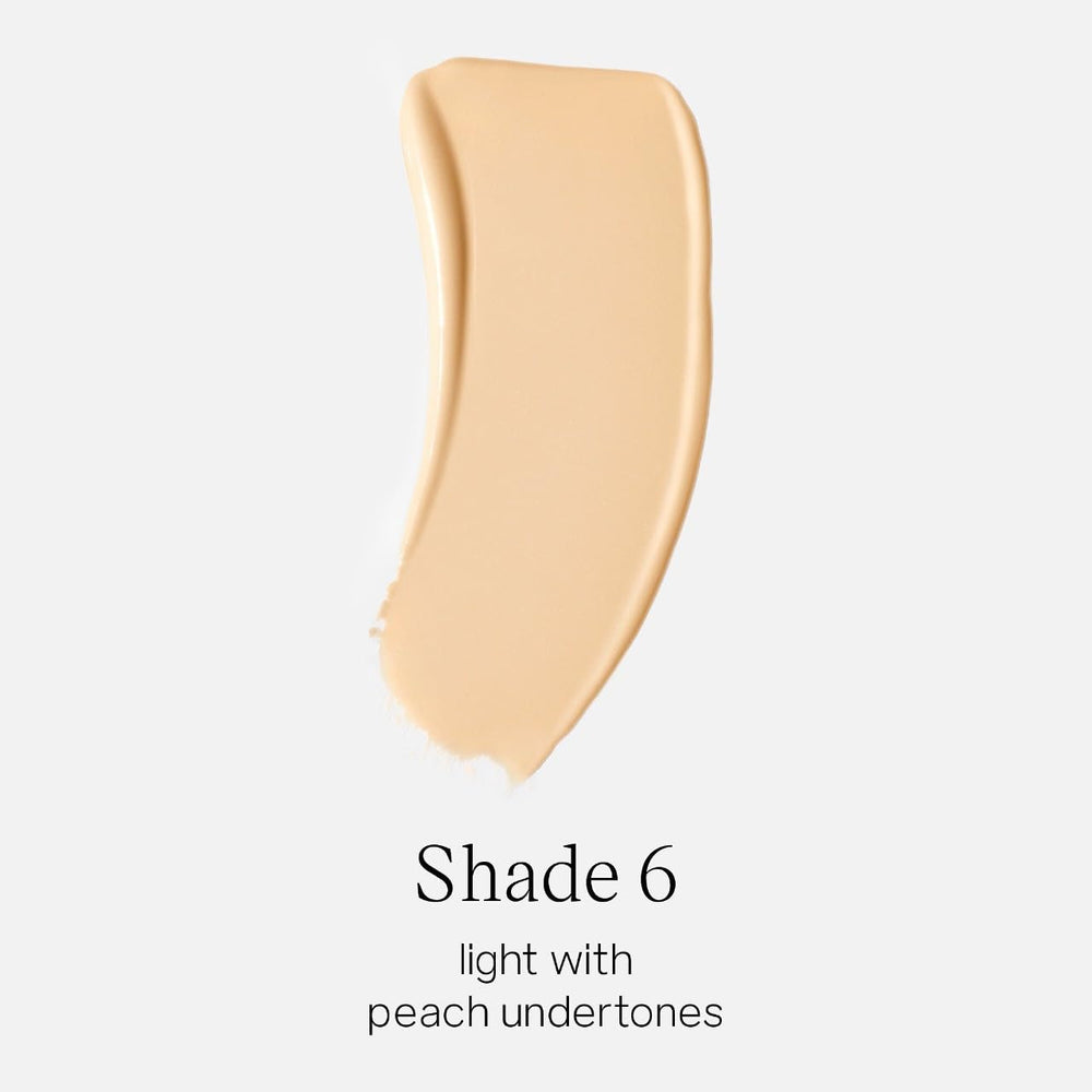 Saie Glowy Super Skin Tint Shade 6 swatch shows peach undertones for light skin.