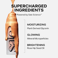 Saie Mini Glowy Super Gel chest glow enhances skin tone.