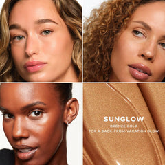 Saie Sunglow bottle adds sun-kissed radiance with sheer glaze.