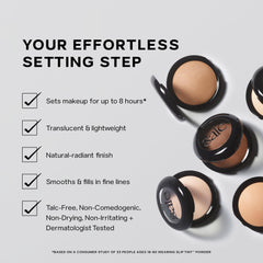 Saie Slip Tint Baked Setting Powder natural-radiant finish on skin.