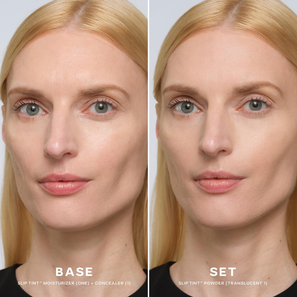 Saie Slip Tint translucent shade 1 swatch reveals a brighter, undetectable finish.