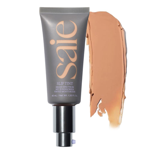 Saie Slip Tint bottle closeup showcasing dewy glow and lightweight hydration.
