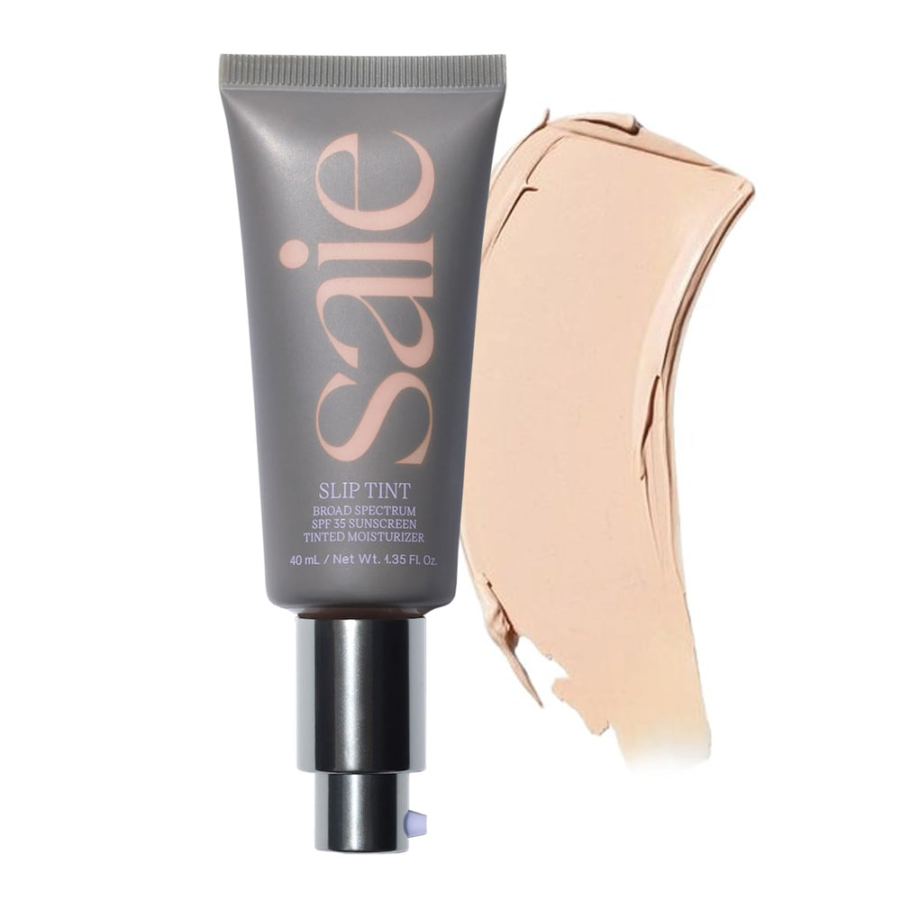 Saie Slip Tint bottle with pump showing dewy sun-kissed glow.