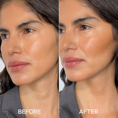 Saie Sun Melt applied to cheekbones and nose bridge for glow and shape.