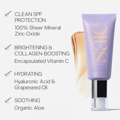 Saie Sunvisor golden pearl glow—radiant, dewy finish on skin.