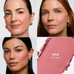 Saie SuperSuede Baked Blush Mia on apples of cheeks for a natural flush