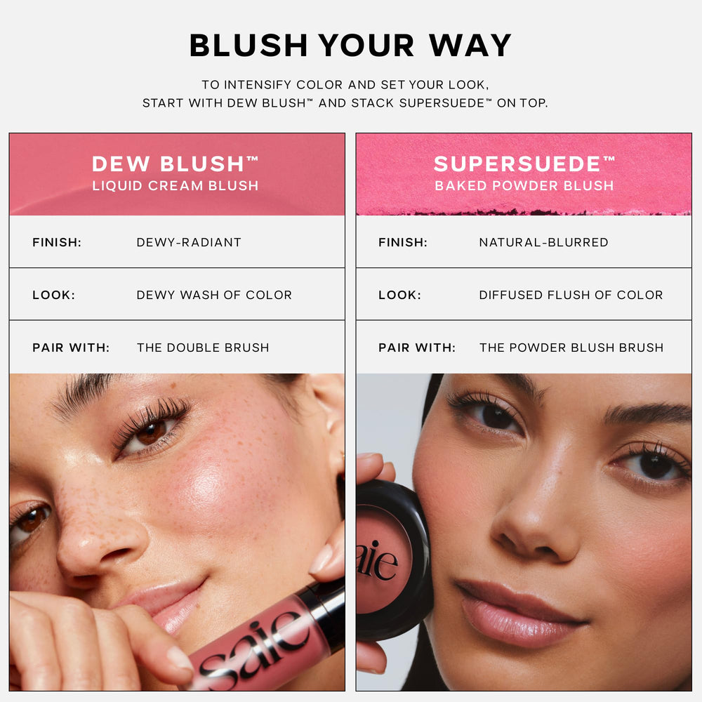 Saie SuperSuede Baked Blush talc-free formula close-up showing smooth finish