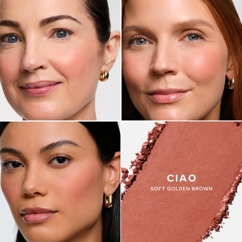 Saie Supersuede Baked Blush brush dip demonstrates easy pickup and controlled application.