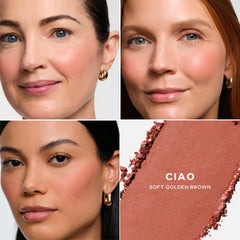 Saie Supersuede Baked Blush brush dip demonstrates easy pickup and controlled application.