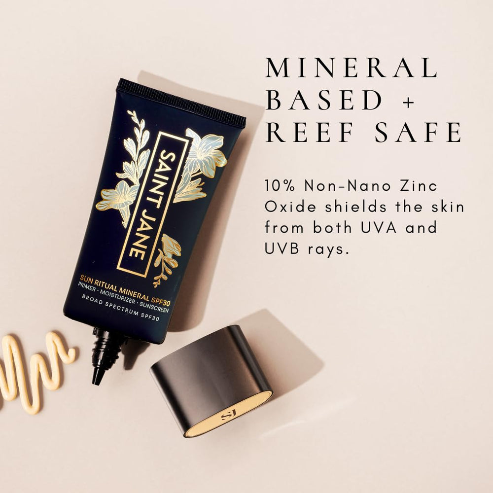 SAINT JANE Sun Ritual SPF 30 floral-infused formula in glass jar.