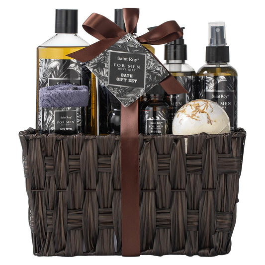 Saint Roy Fathers Bath Gift Set in a reusable basket, ideal for a thoughtful at-home spa moment.