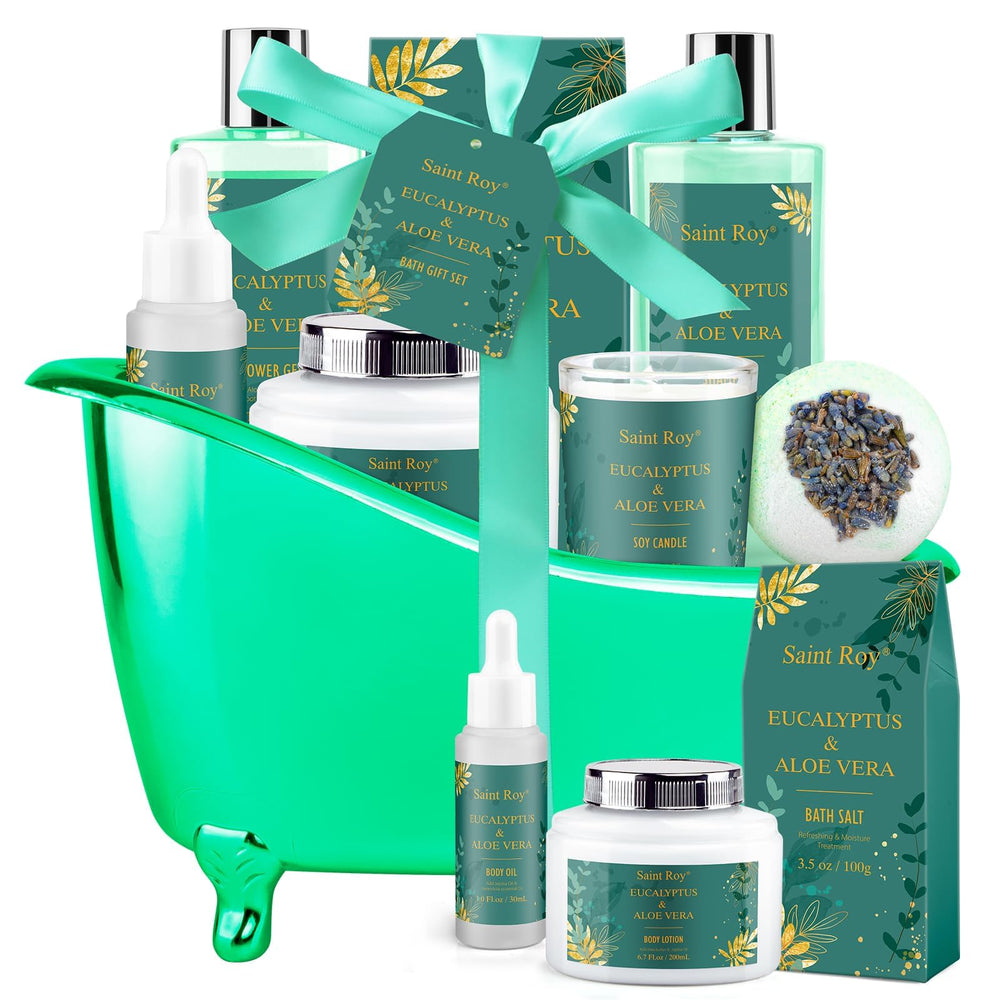 Saint Roy spa gift basket in a reusable tub for at-home pampering.