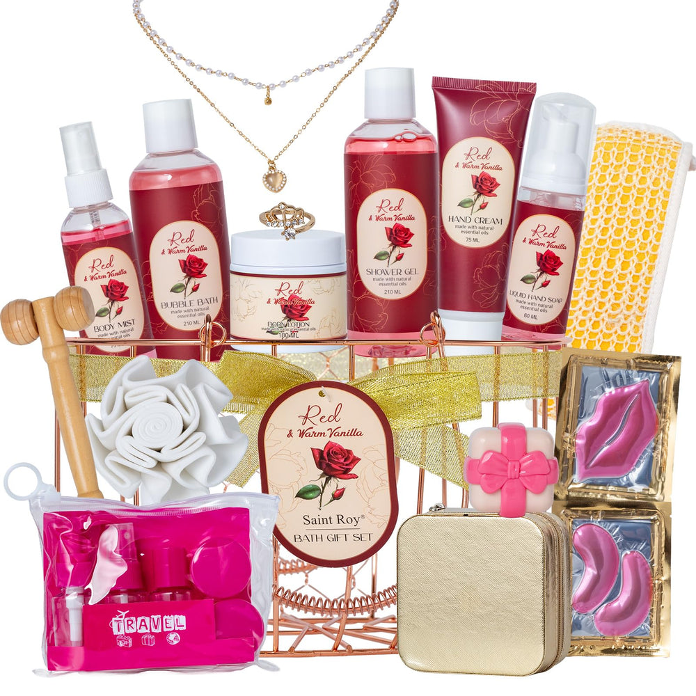 Saint Roy travel bottles and loofah for on-the-go care.