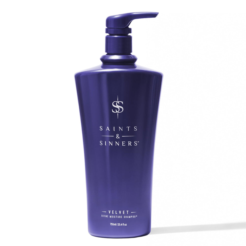 Saints & Sinners Velvet Divine Shampoo bottle front—sulfate-free care for dry, colored hair.
