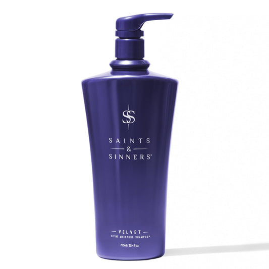 Saints & Sinners Velvet Divine Shampoo bottle front—sulfate-free care for dry, colored hair.
