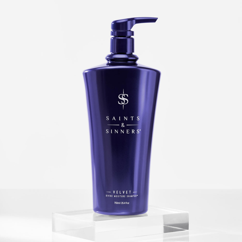 Saints & Sinners Velvet Divine Shampoo ingredients graphic emphasizes glycerin and vitamin C for shine.
