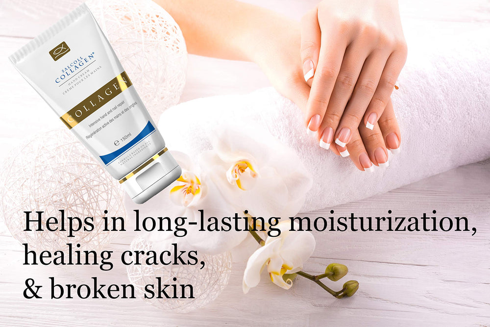 Salcoll Pure Bioactive Hand Cream being applied, suggesting regeneration and hydration.