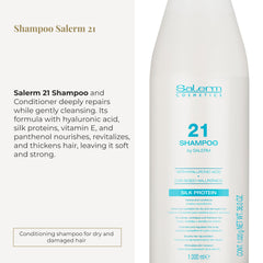 SALERM 21 silk protein-infused hair strands with natural shine and softness.