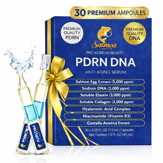 Salmoa Salmon DNA PDRN serum bottle highlighting hydration for daily glow