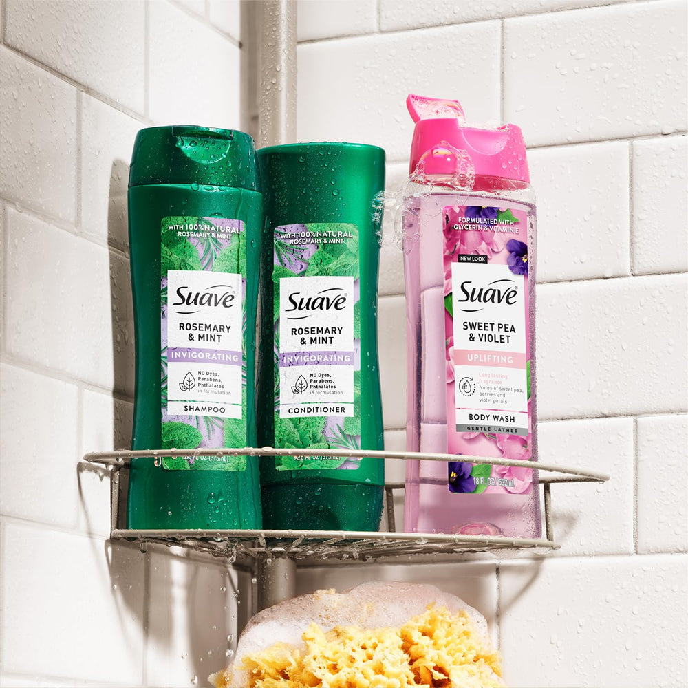 The image hints at salon-proven quality behind Suave Rosemary & Mint.