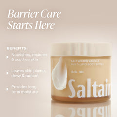 Saltair Body Butter creamy texture scoop demonstrates quick absorption for smooth skin.