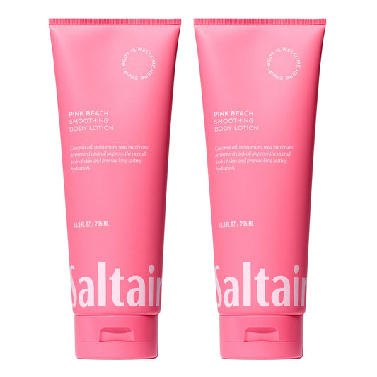 Saltair Body Lotion pink beach bottle showing lasting hydration for all skin types