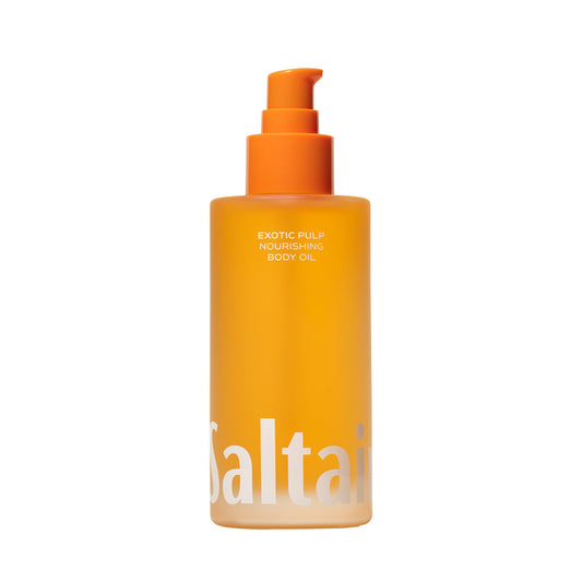 Saltair Exotic Pulp Body Oil bottle pump offers fast-absorbing hydration after shower.