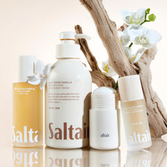 Saltair Salt Water Vanilla pumps side by side, two 17-ounce bottles for convenience