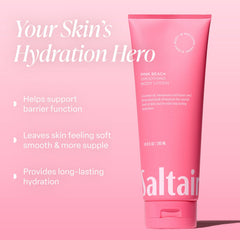 Saltair Pink Beach bottle closeup showcases tropical aroma and hydrating formula.