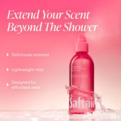 Saltair Pink Beach fragrance label close-up showing coconut-based scent notes.